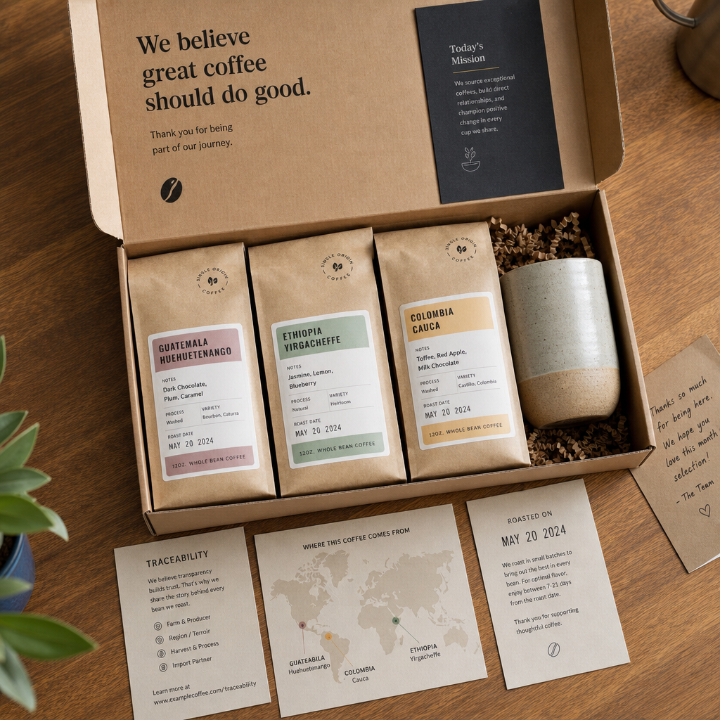 Specialty coffee subscription box contents displayed with origin labels and ceramics