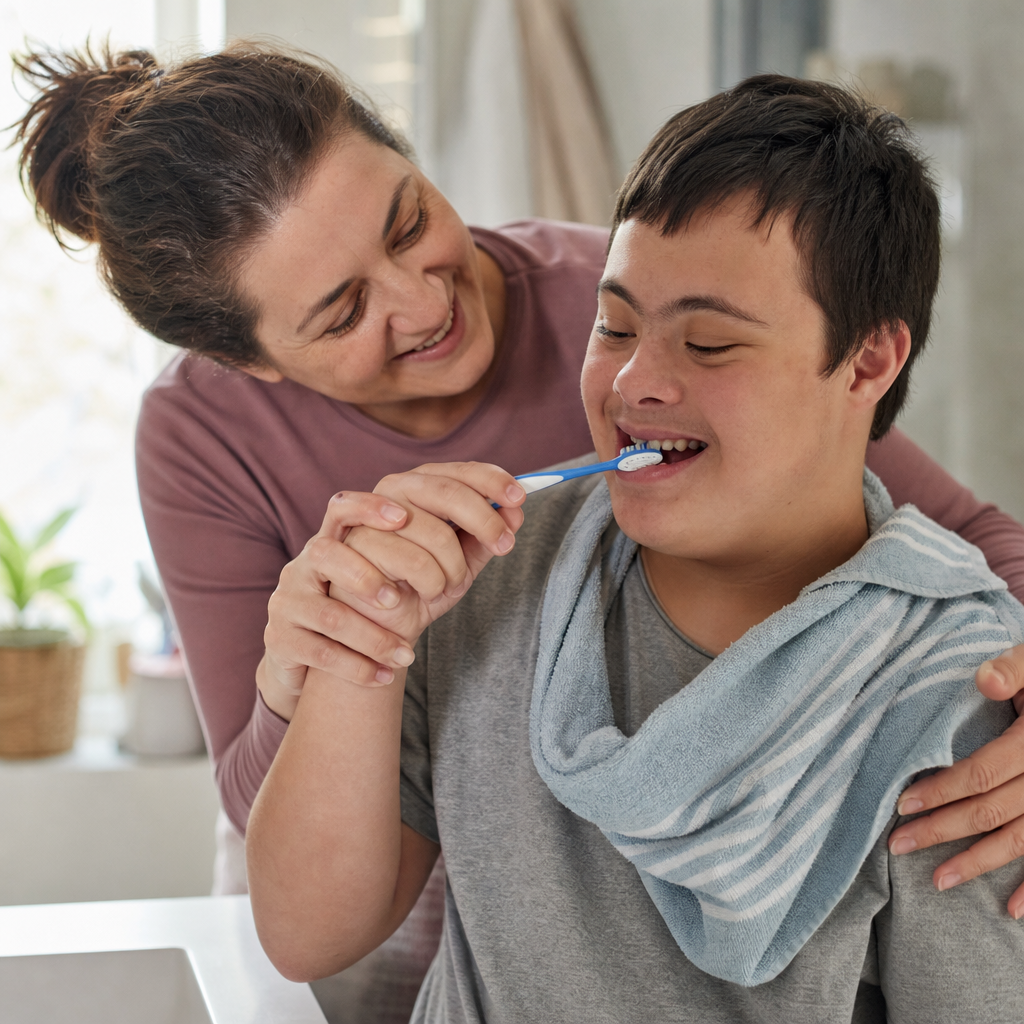 Caregiver assisting with tooth brushing routine in supportive setting