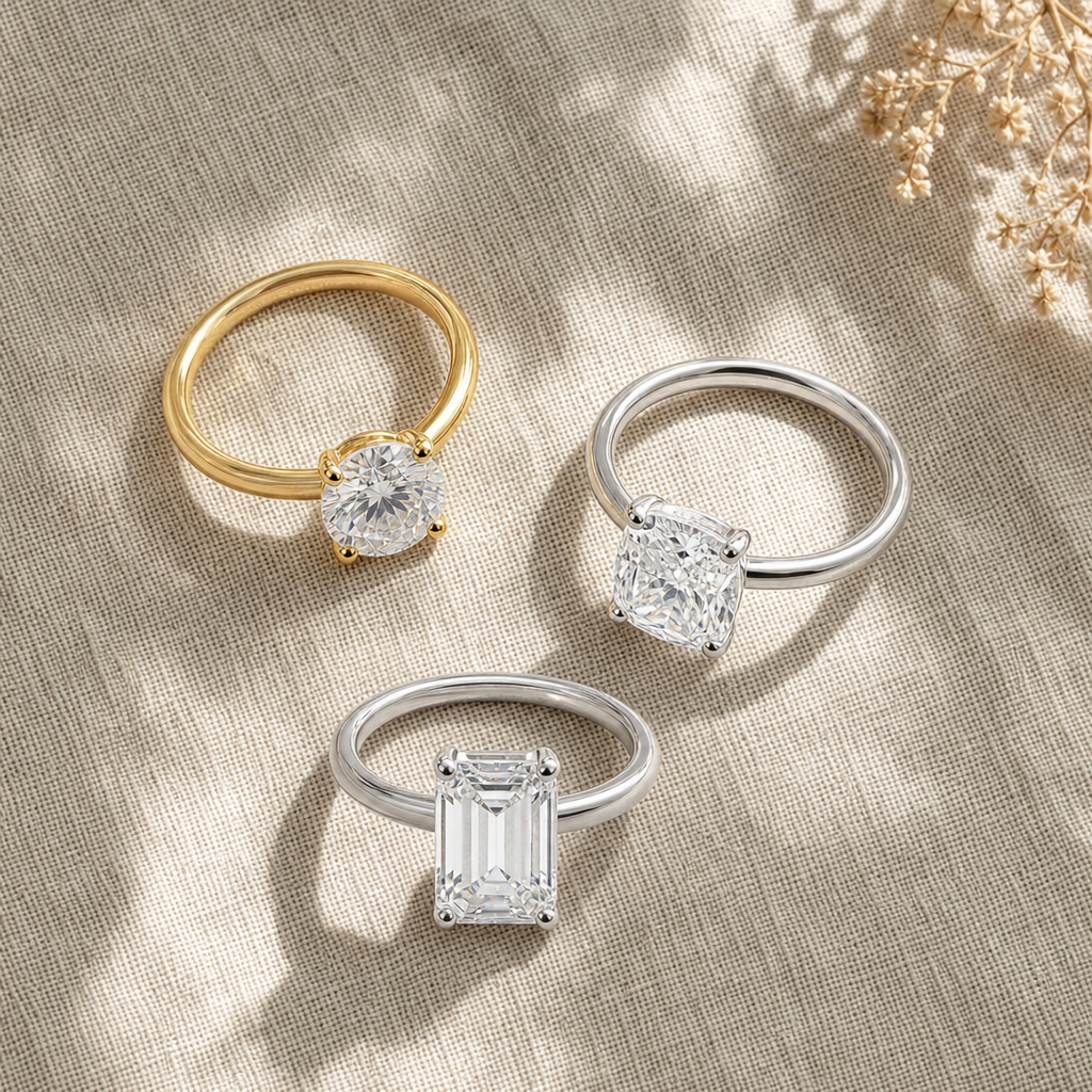 Three engagement rings in yellow gold, white gold, and platinum displayed side by side on neutral fabric