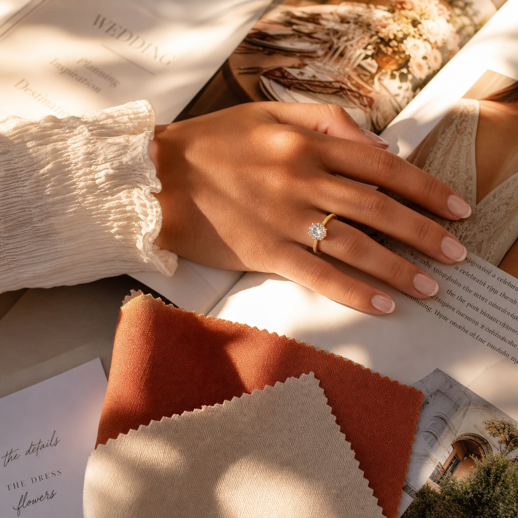 Woman's hand wearing a yellow gold moissanite engagement ring on wedding planning materials
