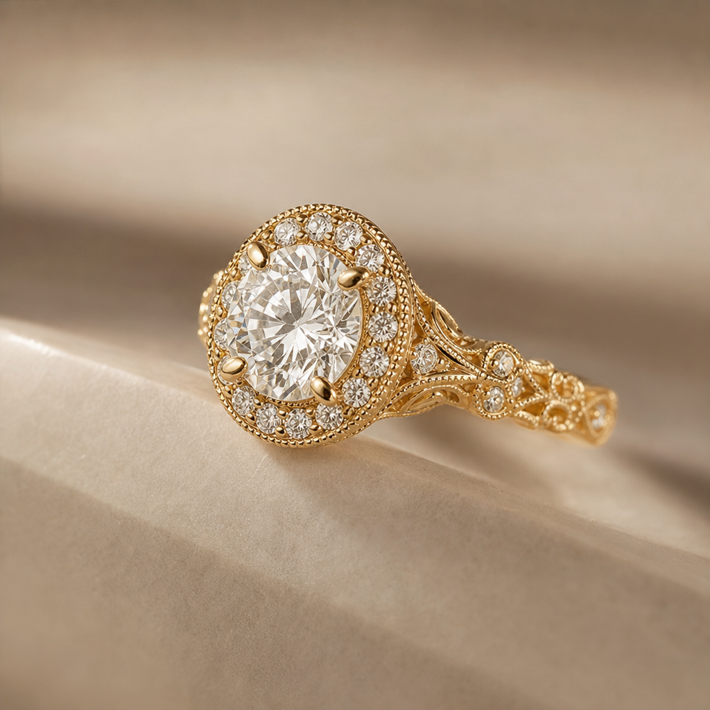 Yellow gold halo engagement ring with warm stone on gradient background