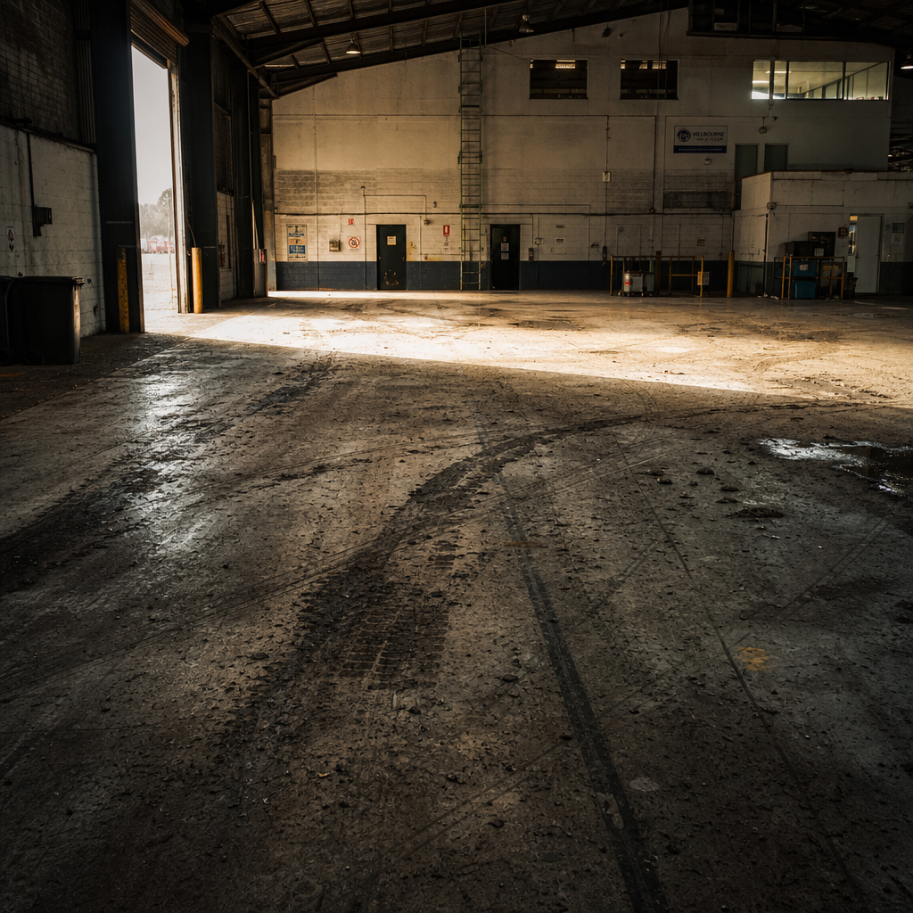 High Pressure Cleaning vs. Manual Scrubbing Melbourne Grimy concrete warehouse floor with visible dirt and tire marks under industrial lighting which require High pressure cleaning