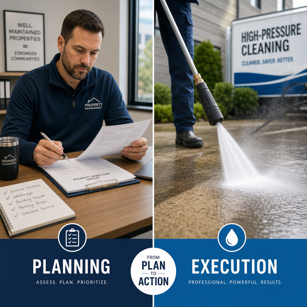 High Pressure Cleaning vs. Manual Scrubbing Melbourne Property manager with cleaning notes contrasted with active pressure washing equipment in action
