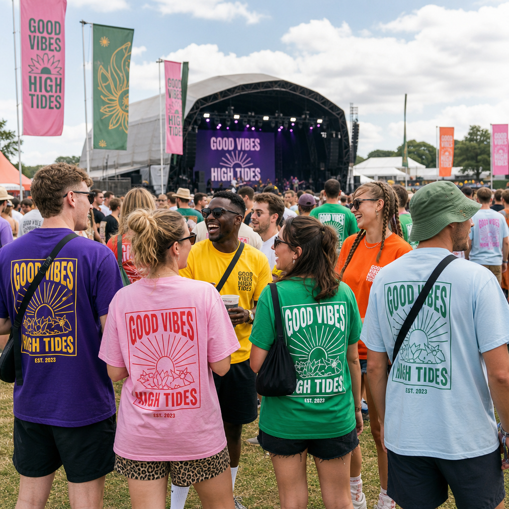 Festival crowd wearing matching custom printed t-shirts