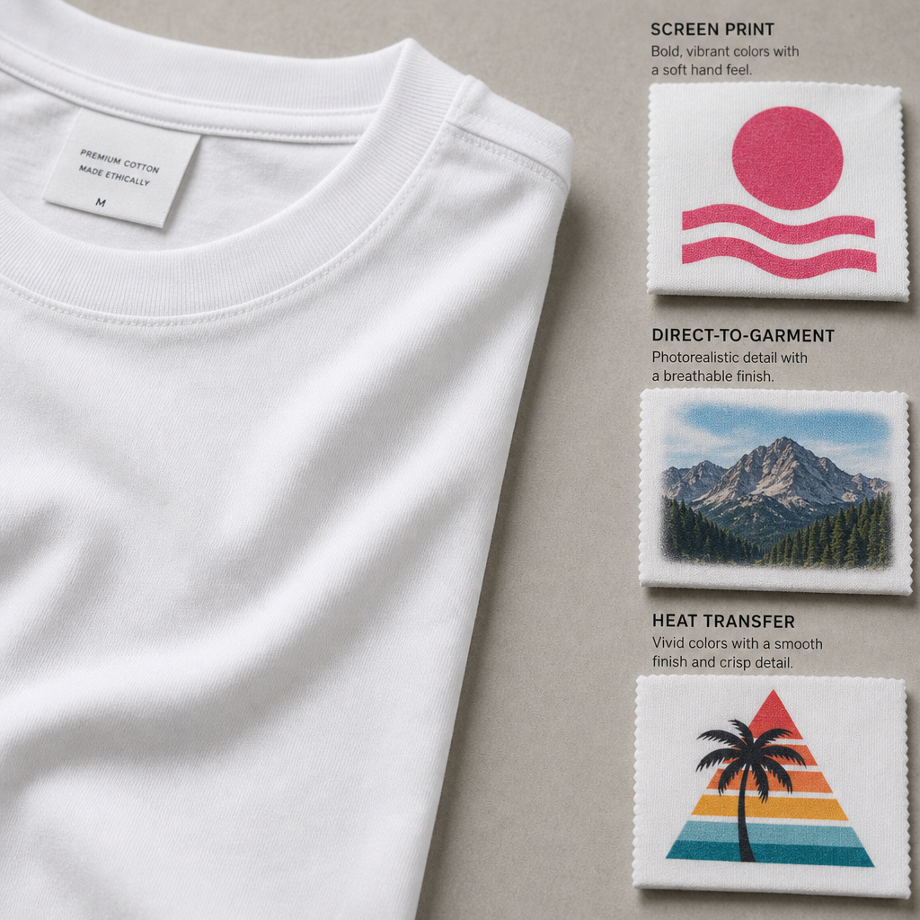 Fabric samples and print method examples on cotton t-shirt