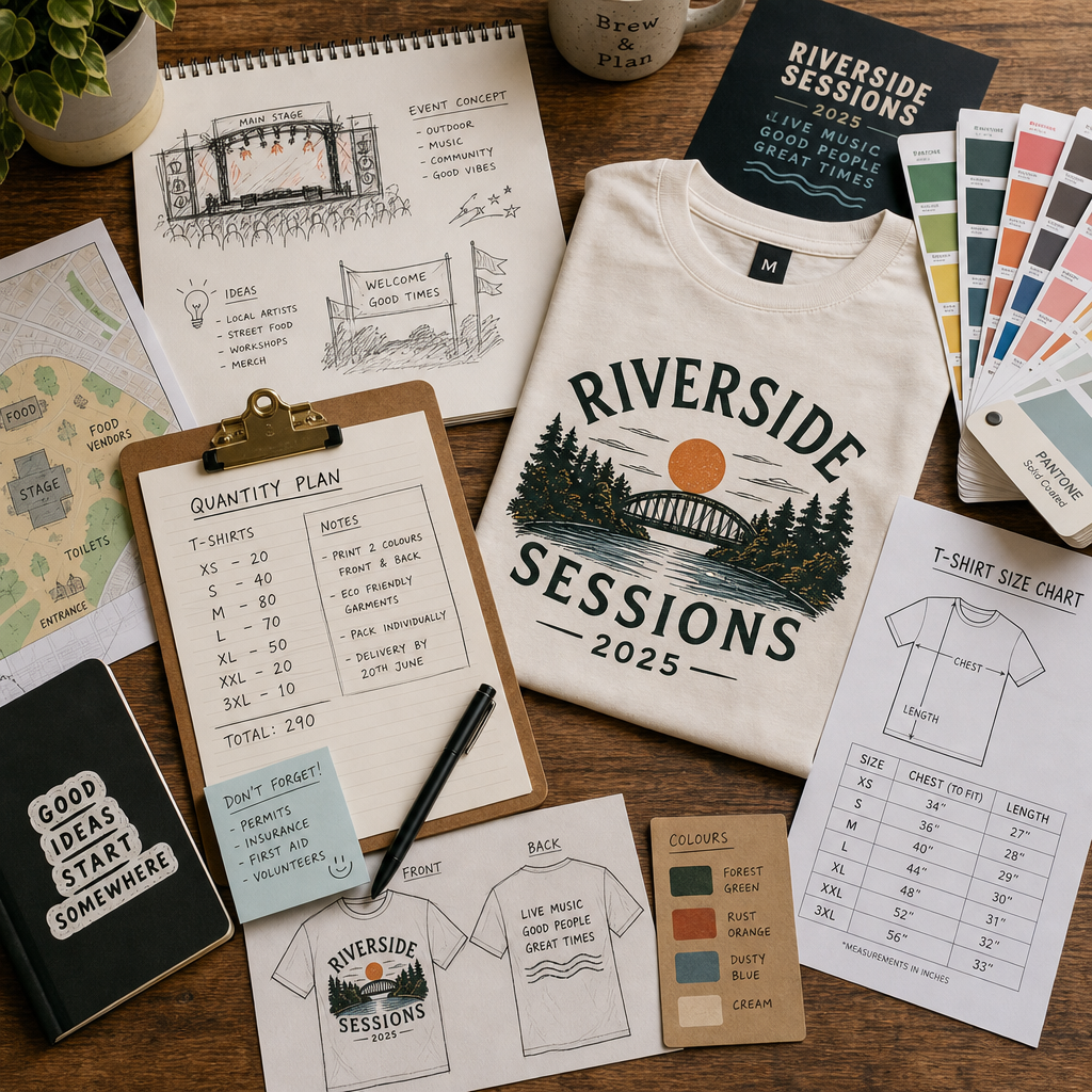 Event merchandise planning materials and t-shirt mockup on desk