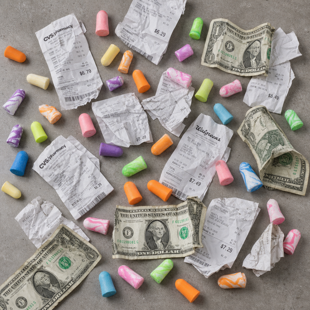 Disposable foam ear plugs scattered with receipts and money, representing accumulated costs