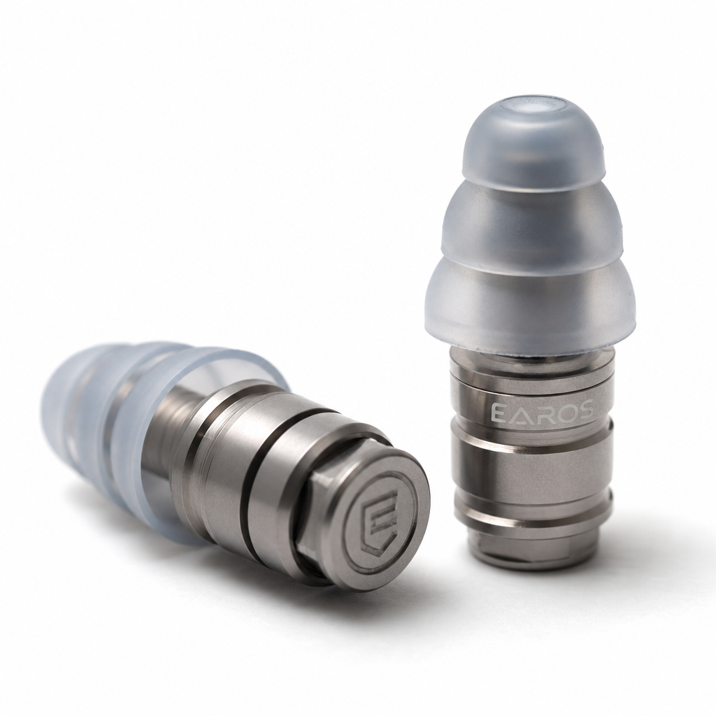 Premium reusable ear plug with metal and silicone components in sharp detail