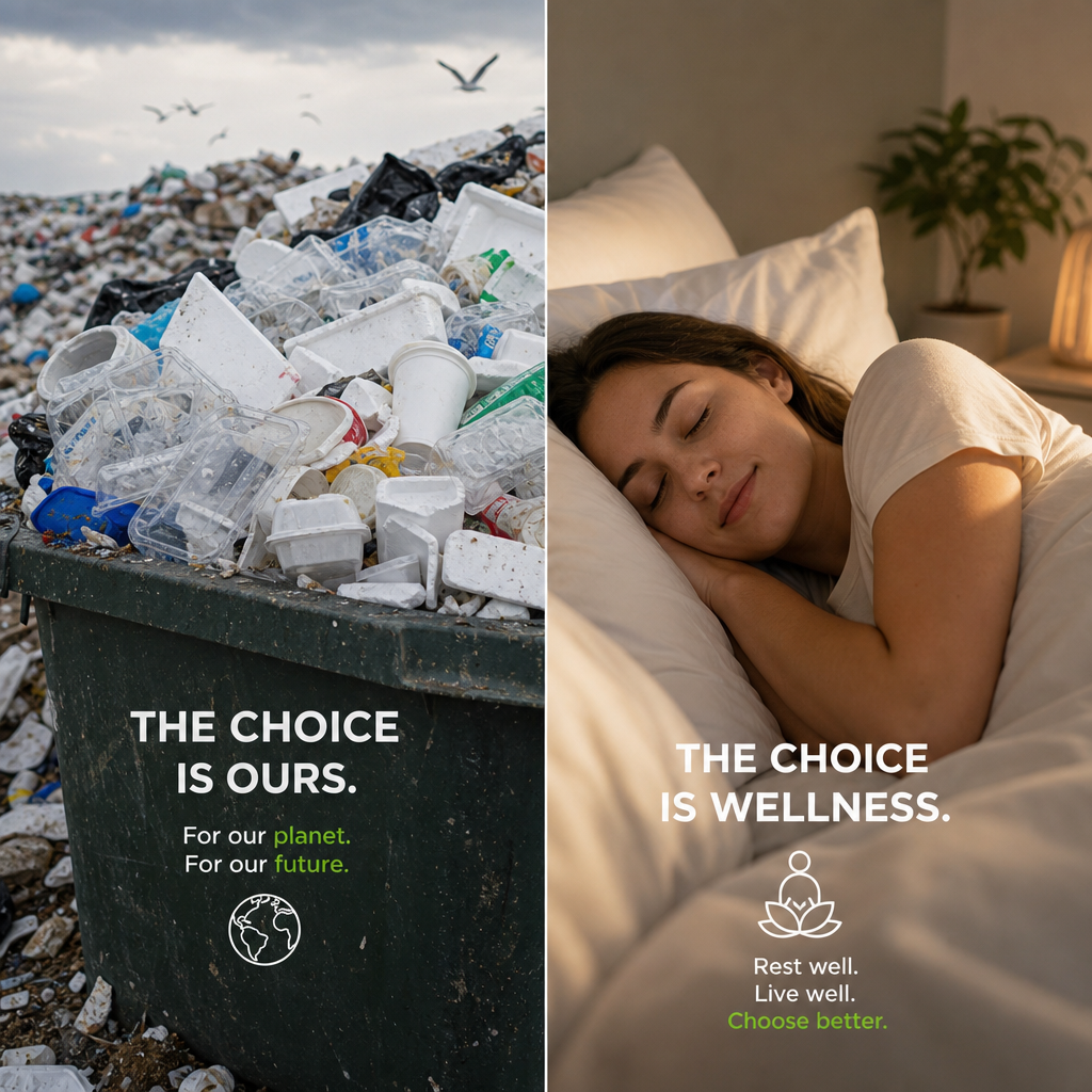 Contrasting image of waste versus peaceful rest, highlighting environmental and health aspects