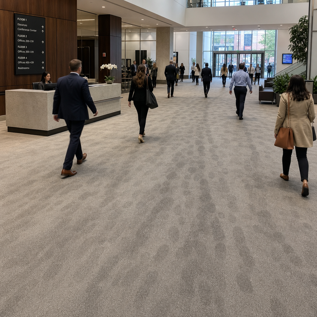 Busy commercial office lobby with multiple people walking on worn carpet showing traffic patterns