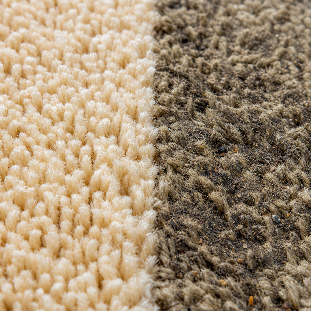 Side-by-side comparison of clean versus dirty and compressed carpet fibres at macro level