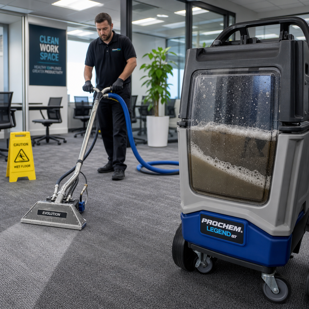 Professional carpet cleaning technician using hot water extraction equipment on commercial office carpet