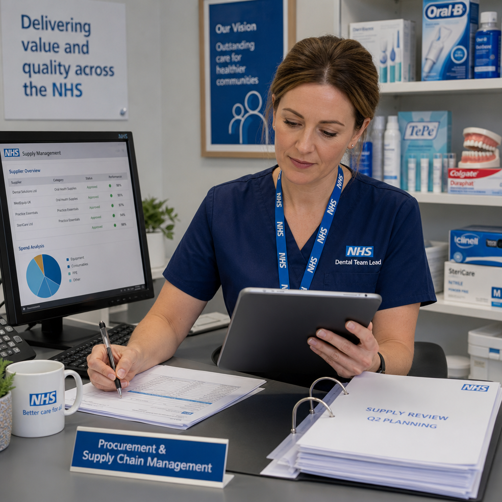 NHS dental procurement professional reviewing oral care product specifications on tablet at clinic desk