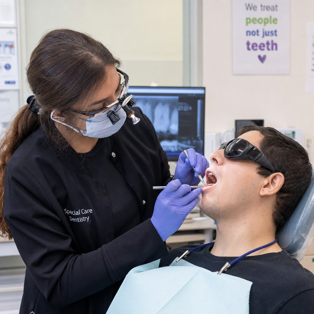 Dental professional providing specialized oral care to patient, representing inclusive special care dentistry