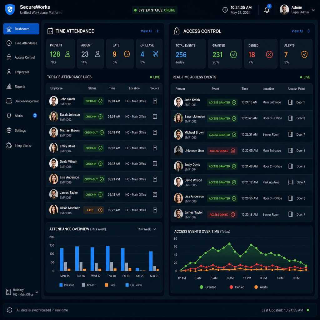 Integrated time attendance and access control software dashboard