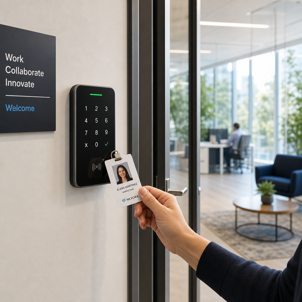 Access control card reader at office entrance