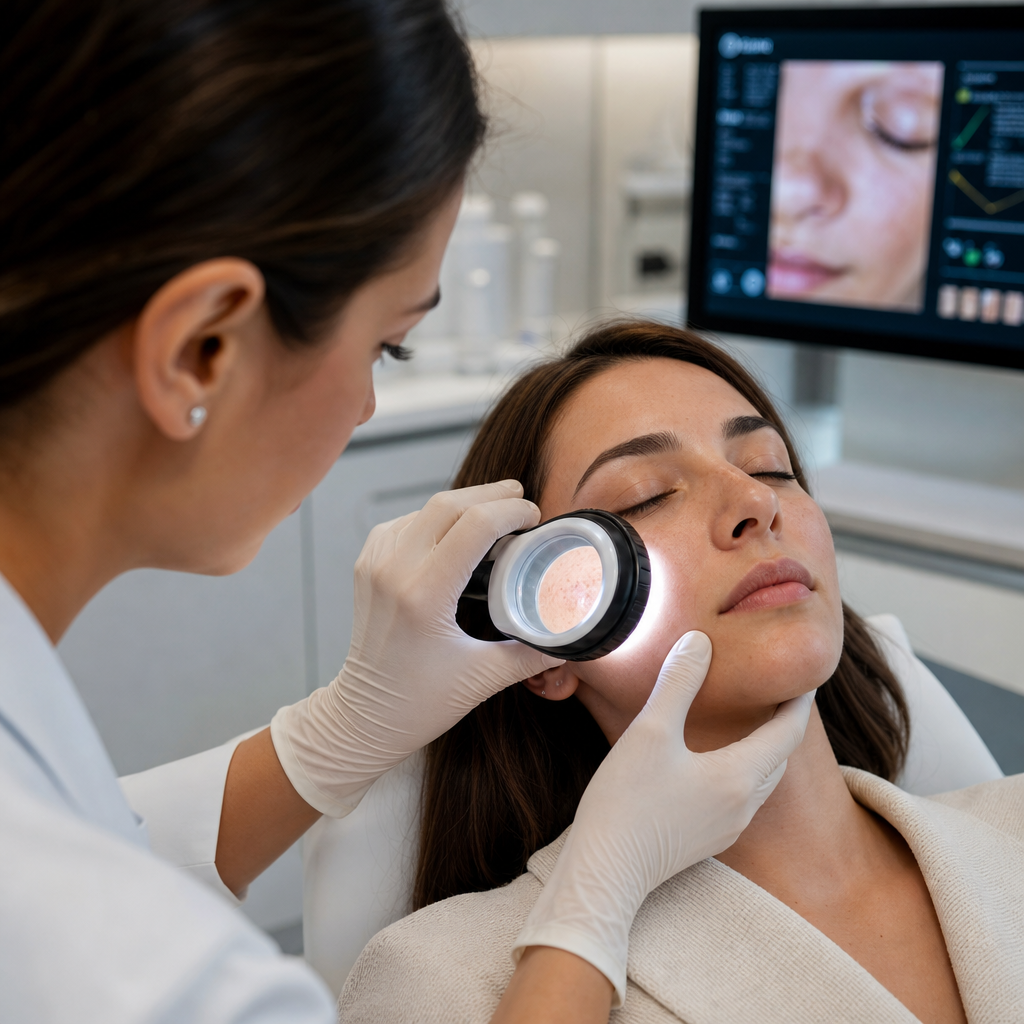 Dermatologist performing personalized skin analysis with professional tools