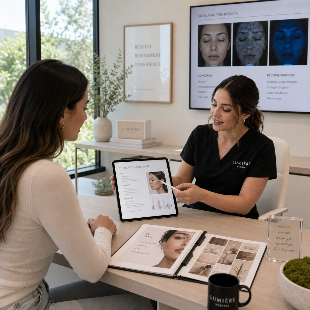 Aesthetic practitioner and client discussing personalized treatment plan in consultation