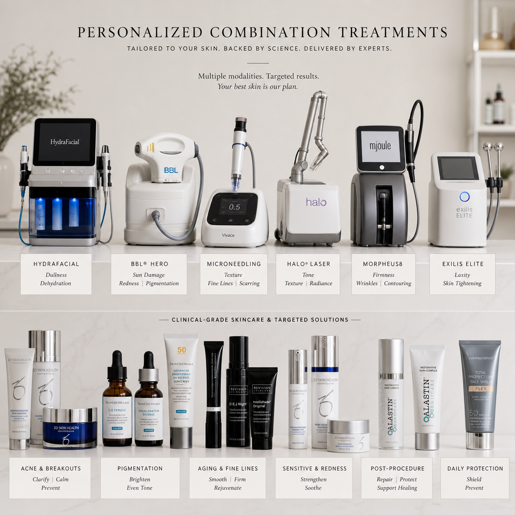 Collection of aesthetic treatment options and skincare products for customized protocols