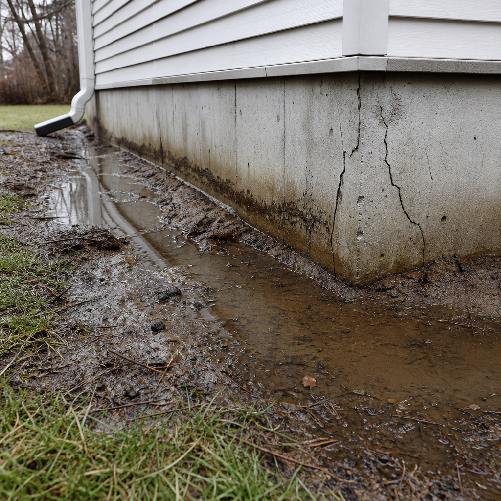 Standing water pooling around home foundation causing soil saturation and damage