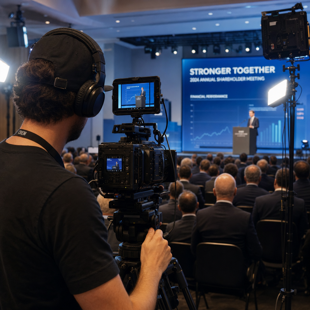 Professional videographer with cinema camera documenting corporate AGM presentation