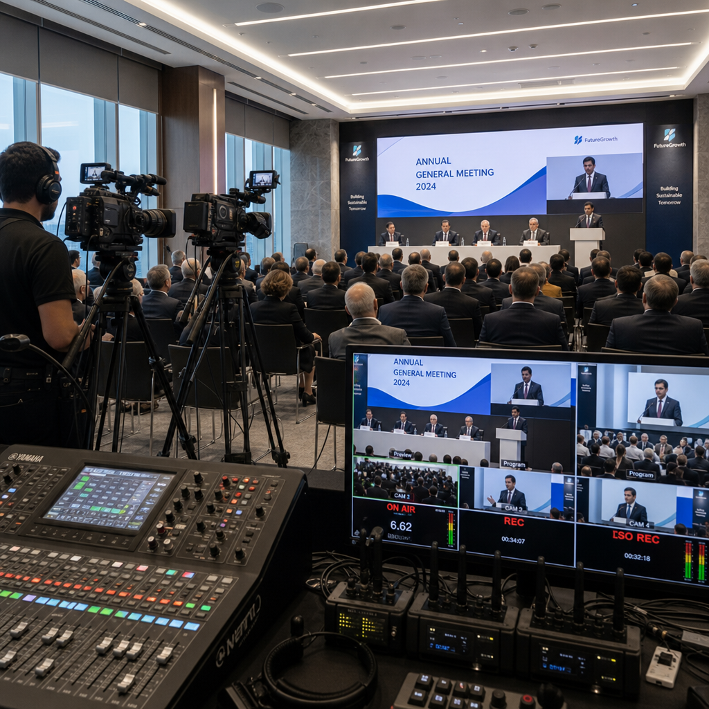 Complete professional event coverage setup with multi-camera system during corporate AGM