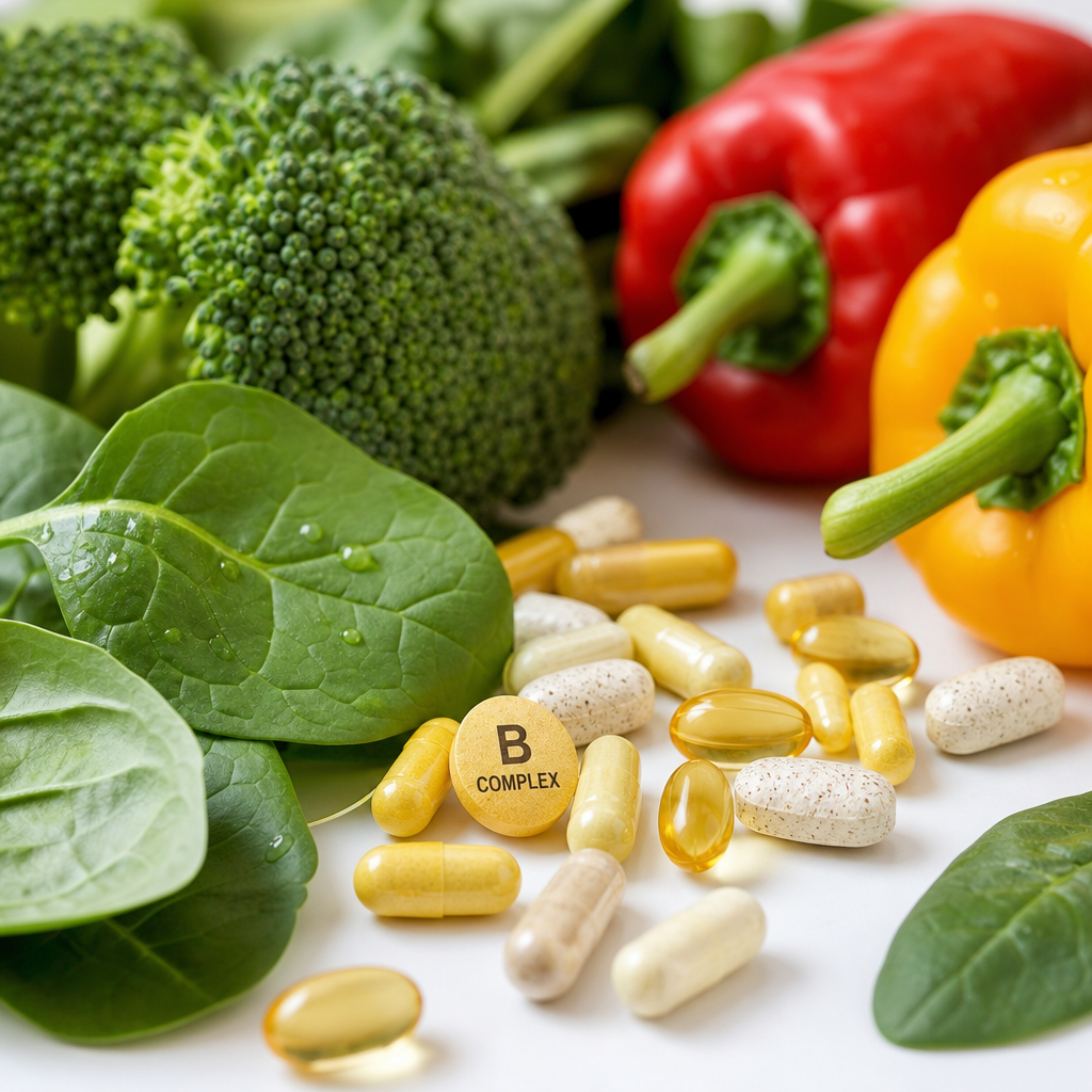 B-complex vitamins and nutrient-rich vegetables on white surface