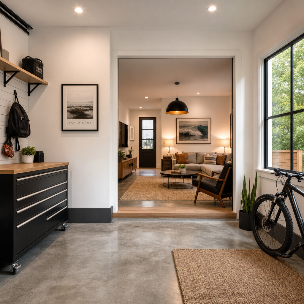 Bright converted garage interior with modern finishes and natural light