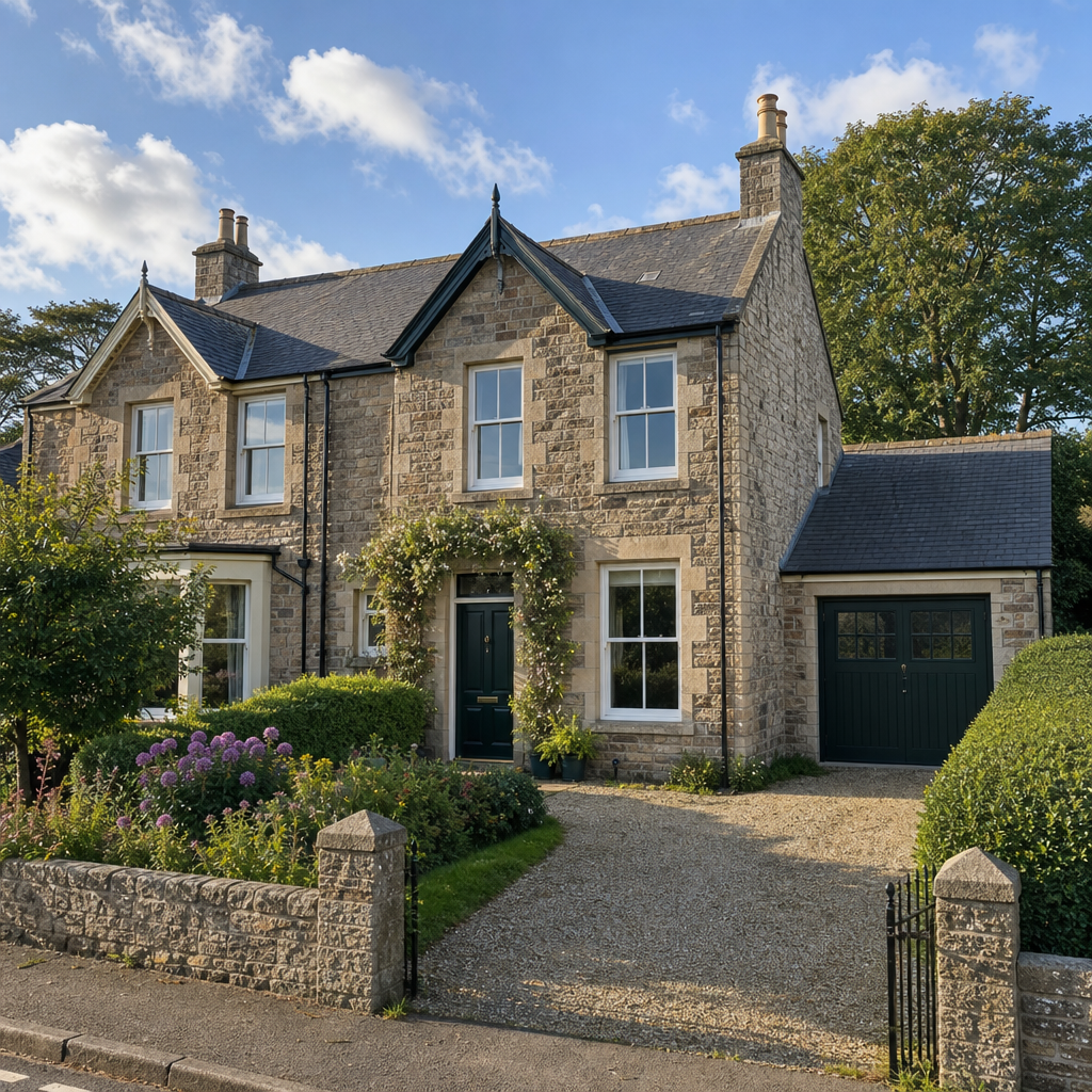 Traditional Scottish semi-detached home with attached garage on residential street