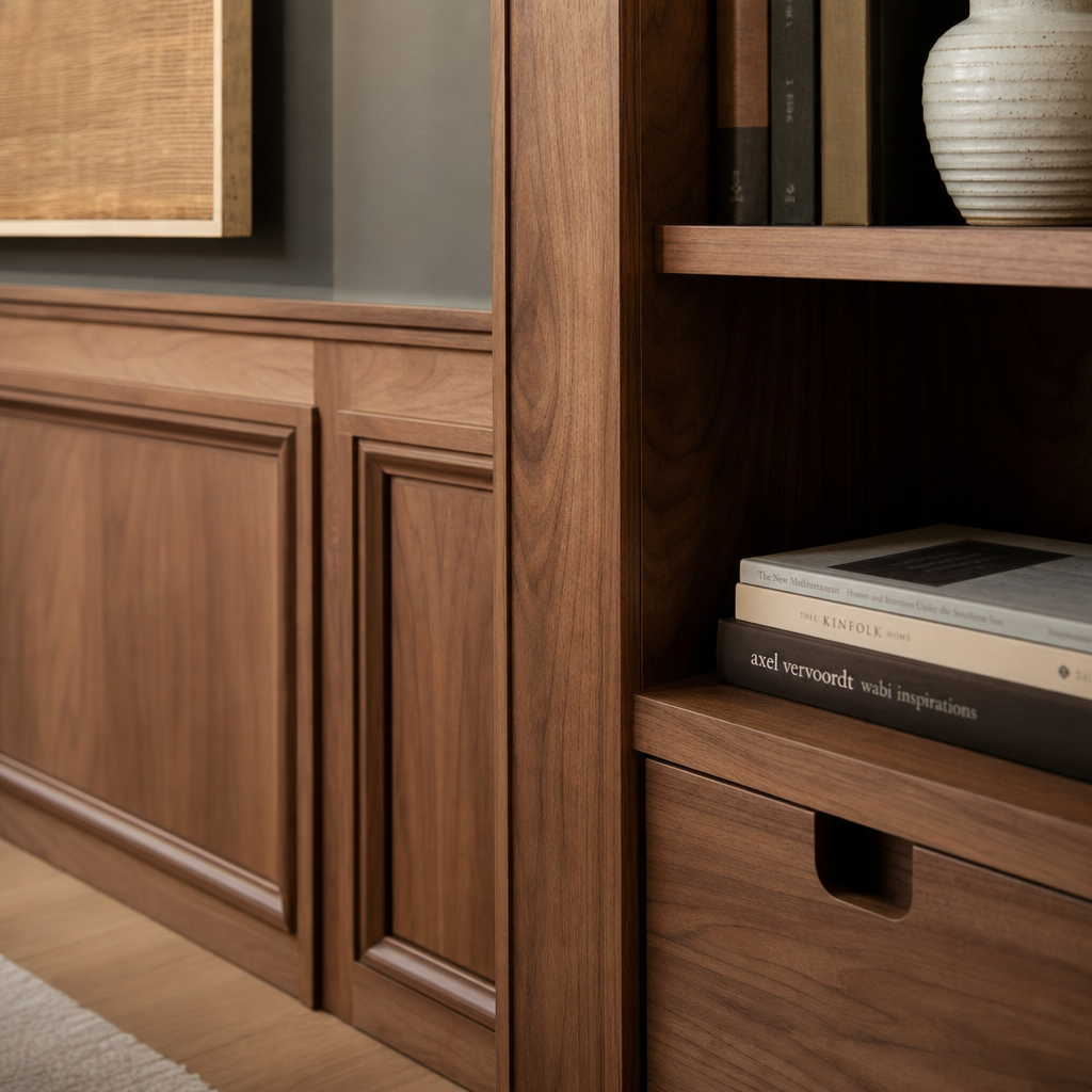 Detailed view of custom wooden joinery and built-in cabinetry work