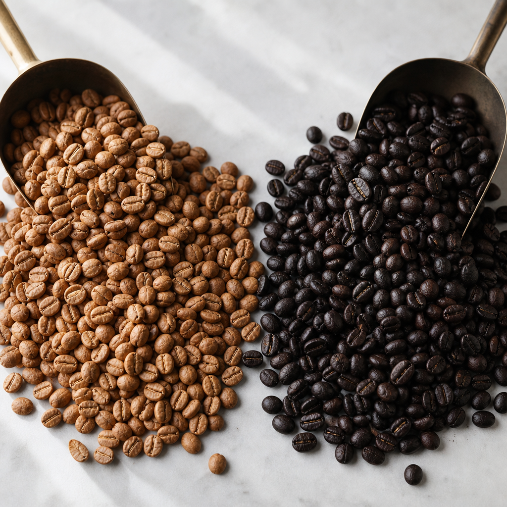 Light and dark roasted coffee beans displayed side by side for comparison
