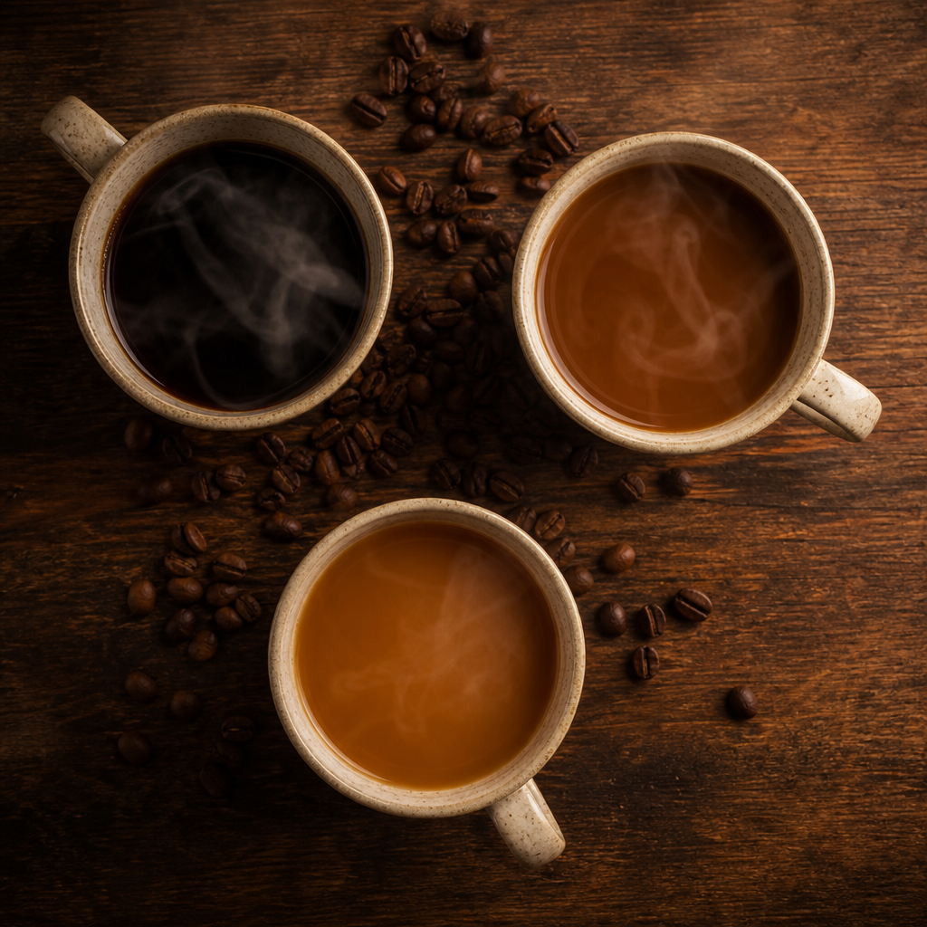 Three cups of brewed coffee showing varying colours from light to dark roast