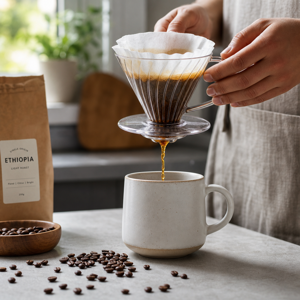 Pour-over coffee brewing method with golden-brown liquid streaming into a cup