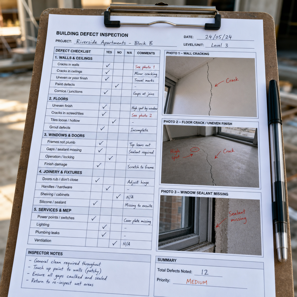 Construction defect inspection checklist and documentation on site