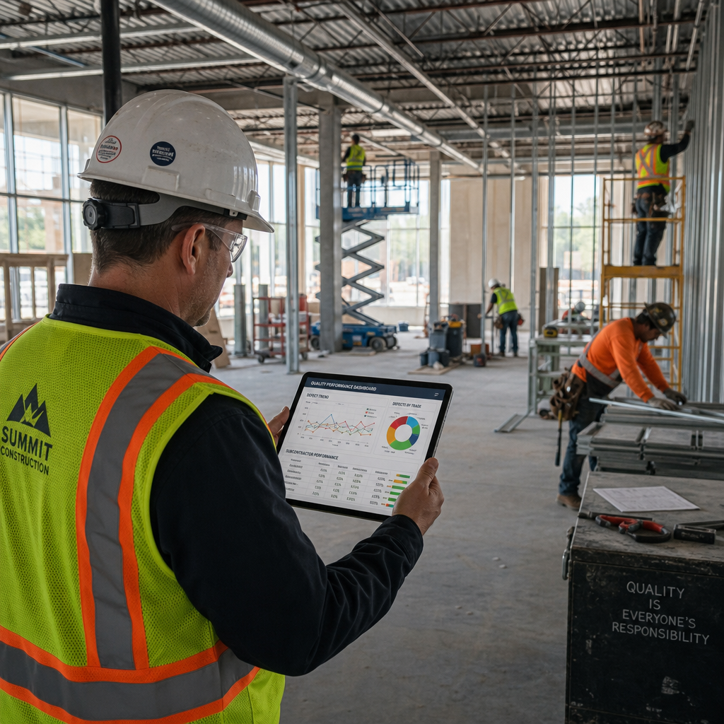 Construction manager analyzing defect and trade performance data on site
