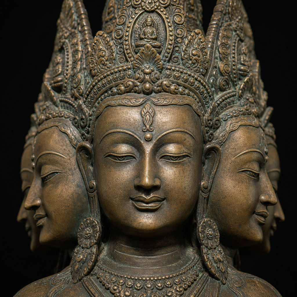 Detailansicht einer viergesichtigen bronzenen Brahma-Statue mit komplizierten Gesichtszügen und ornamentalen Kronenarbeiten