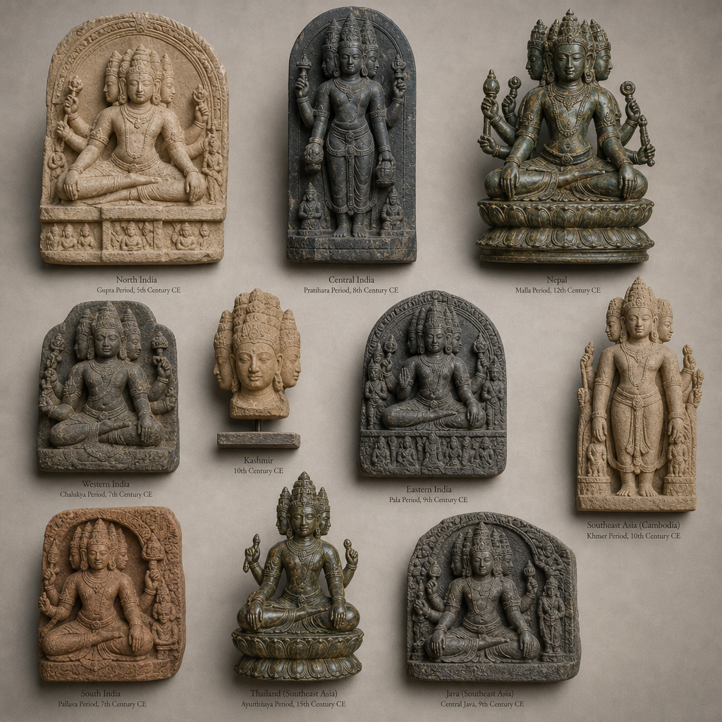 Sammlung regionaler Brahma-Skulpturen aus verschiedenen Materialien und künstlerischen Stilen, die zum Vergleich zusammengestellt werden