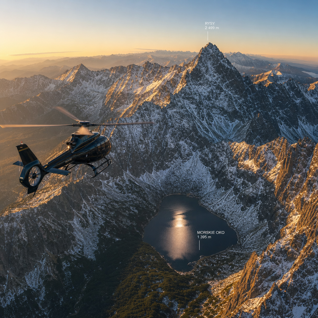 Widok z powietrza na szczyty Tatr z helikoptera nad Rysami i Morskim Okiem