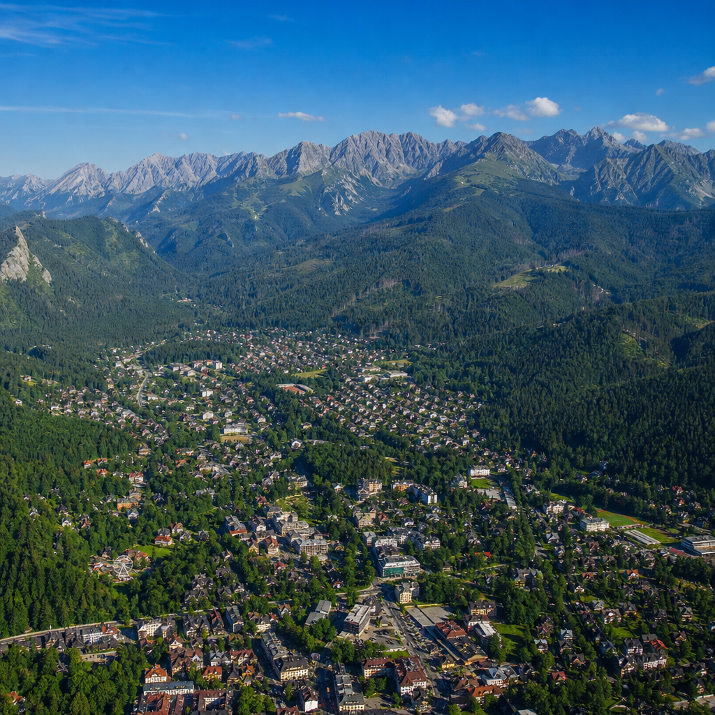 Zakopane widziane z góry z helikoptera, otoczone Tatrami i lasami