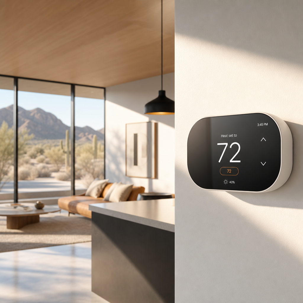 Smart thermostat on wall displaying temperature controls with desert sunlight