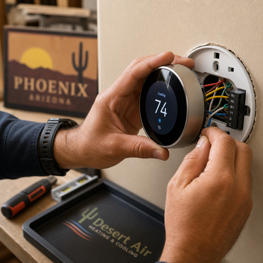 Technician installing smart thermostat with visible wiring and tools