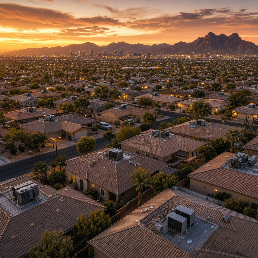 Phoenix neighborhood aerial view showing residential HVAC systems at sunset