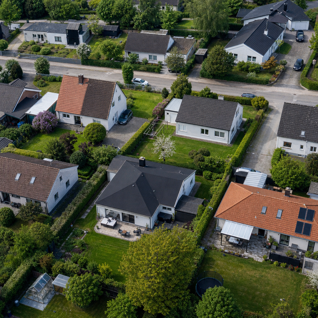 Luftfoto af boligkvarter med parcelhuse og grønne arealer