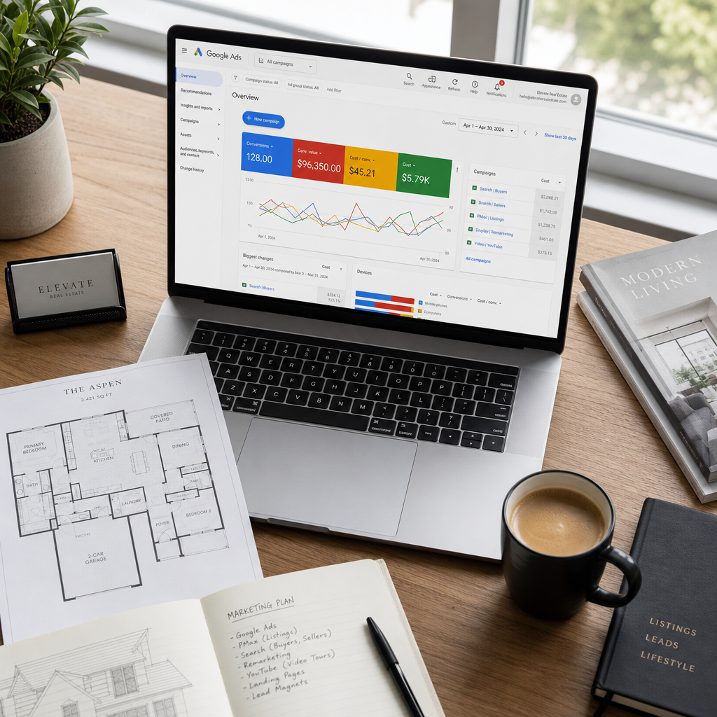 Real estate agent reviewing Google Ads performance metrics on laptop at office desk