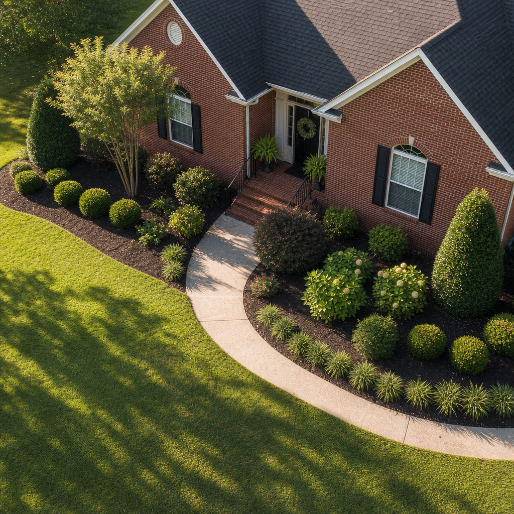 Well-planned front yard landscaping with strategically placed shrubs around an Alabama home