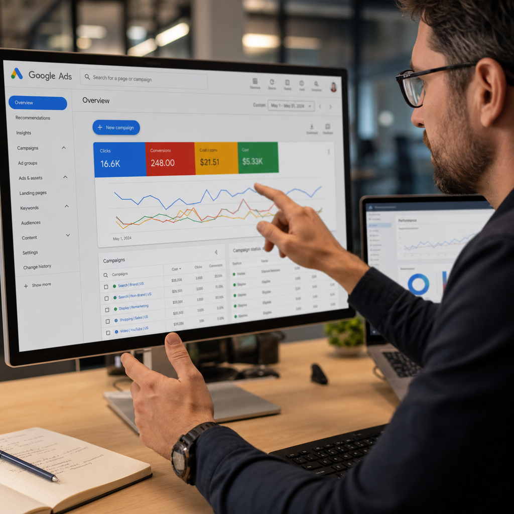 Marketing professional monitoring and optimizing Google Ads campaign performance across screens