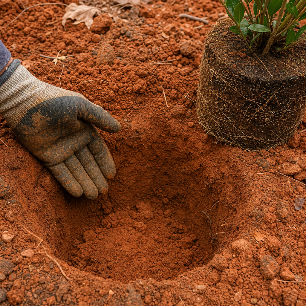 Alabama clay soil close-up during shrub planting preparation