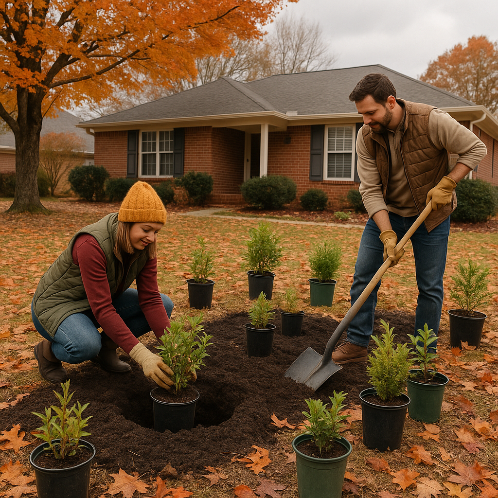 Homeowners planting shrubs during optimal fall planting season in Alabama