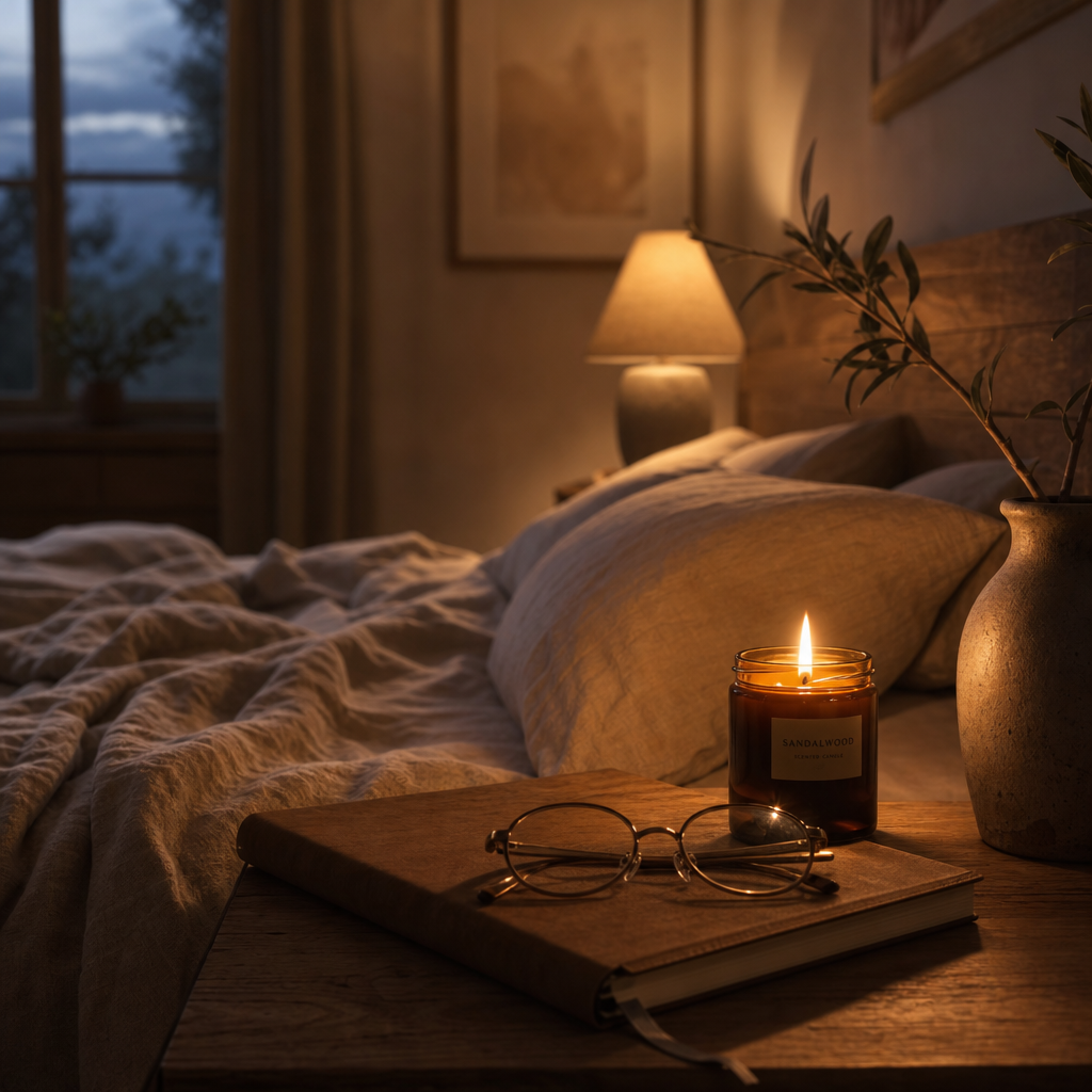 Lit candle on a nightstand in a peaceful bedroom ready for sleep