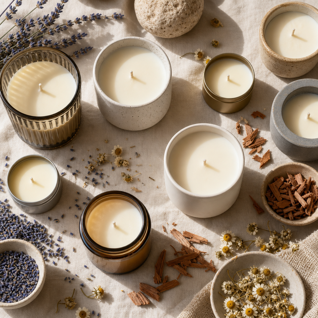 Collection of different candles arranged with dried botanicals on neutral fabric